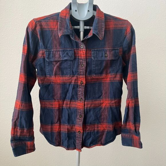 Patagonia Worn Wear Fjord Flannel Shirt Womens Small Blue Red Plaid Org Cotton - Picture 1 of 5